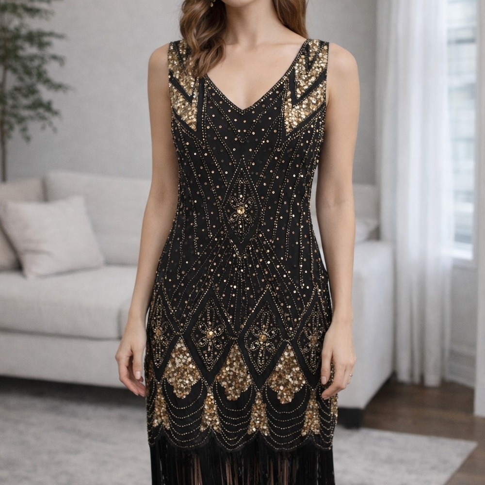 Glamorous Black and Gold Sequin Mini Flapper Dress